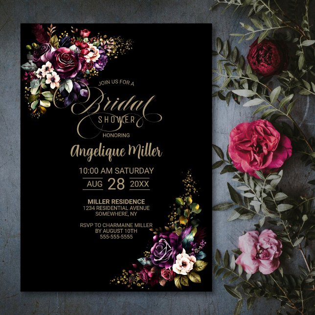 Purple Burgundy Floral Black Bridal Shower Invitation (Creator Uploaded)