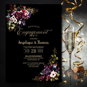 Purple Burgundy Floral Black Engagement Party Invitation