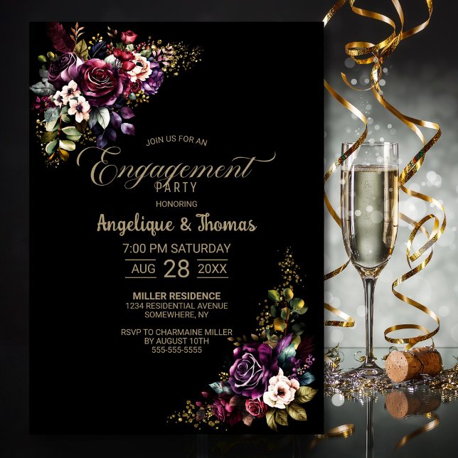 Purple Burgundy Floral Black Engagement Party Invitation (Creator Uploaded)