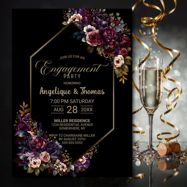 Purple Burgundy Floral Black Engagement Party Invitation (Creator Uploaded)