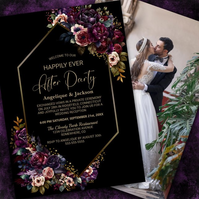 Purple Burgundy Floral Black Wedding After Party Invitation (Creator Uploaded)