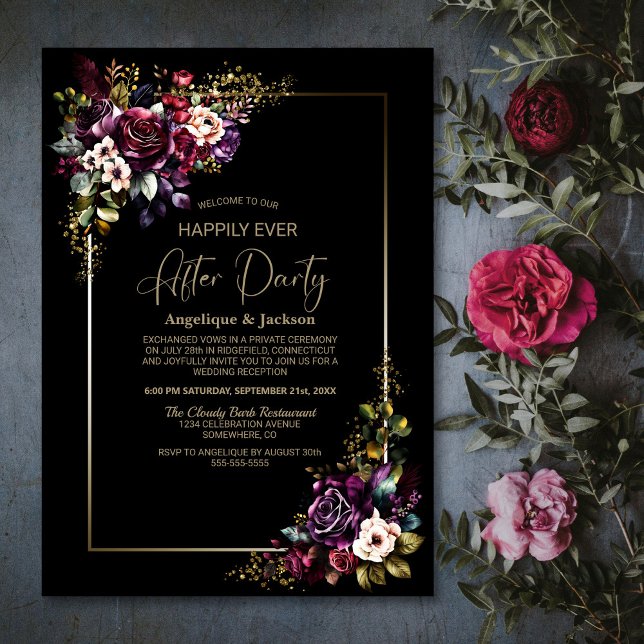 Purple Burgundy Floral Black Wedding After Party Invitation (Creator Uploaded)