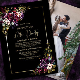 Purple Burgundy Floral Black Wedding After Party Invitation