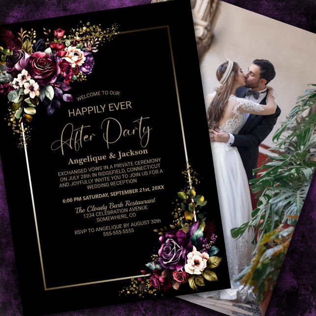Purple Burgundy Floral Black Wedding After Party Invitation (Creator Uploaded)