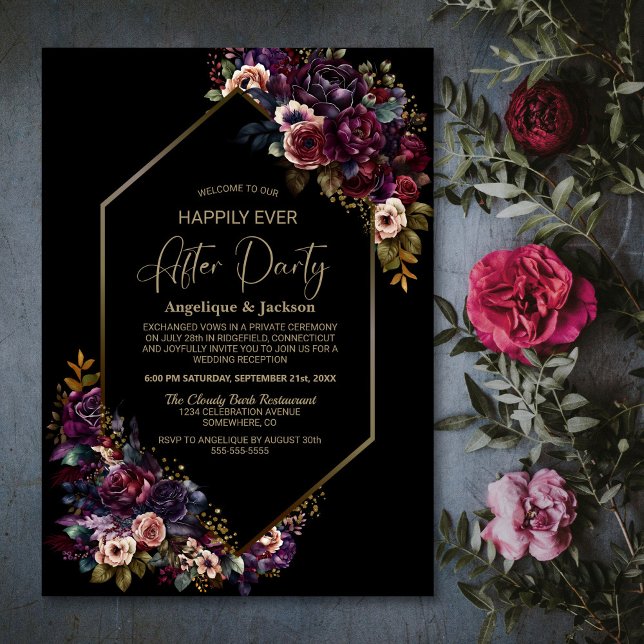 Purple Burgundy Floral Black Wedding After Party Invitation (Creator Uploaded)