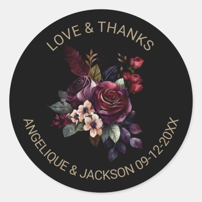 Purple Burgundy Floral Black Wedding Thank You Classic Round Sticker (Front)
