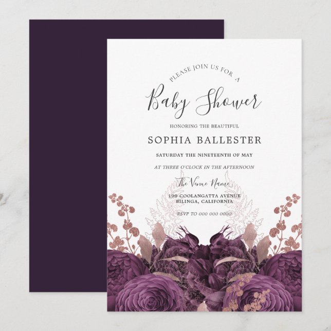 Purple Burgundy Floral Elegant Baby Shower Invitation (Front/Back)