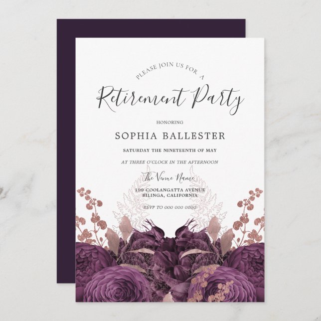 Purple Burgundy Floral Elegant Retirement Party Invitation (Front/Back)