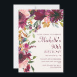 Purple Burgundy Floral Greenery 90th Birthday Invitation<br><div class="desc">Beautiful and elegant plum purple and burgundy watercolor floral with green leaves and foliage, botanical watercolor 90th birthday party invitation for women. This birthday party invitation goes in my Burgundy and Blush Pink Floral Birthday Party Collection. Contact me for assistance with your customisations or to request additional matching or coordinating...</div>