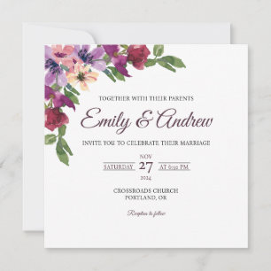 Purple Burgundy Floral Watercolor Square Wedding Invitation