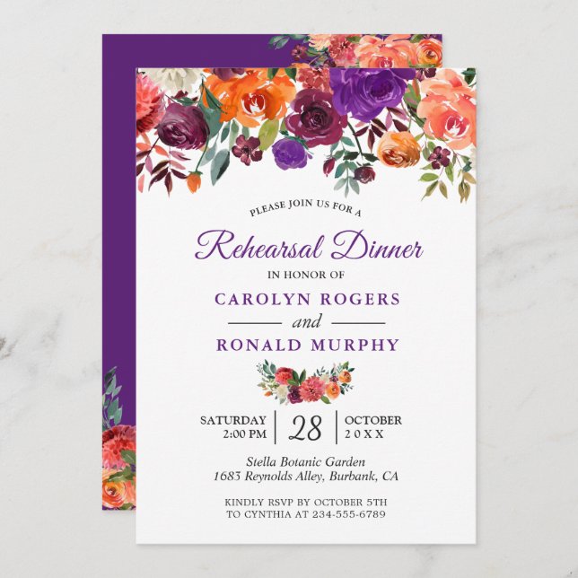 Purple Burgundy Orange Floral Rehearsal Dinner Invitation (Front/Back)