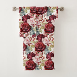 Purple Burgundy Roses Flowers Floral Towel Set