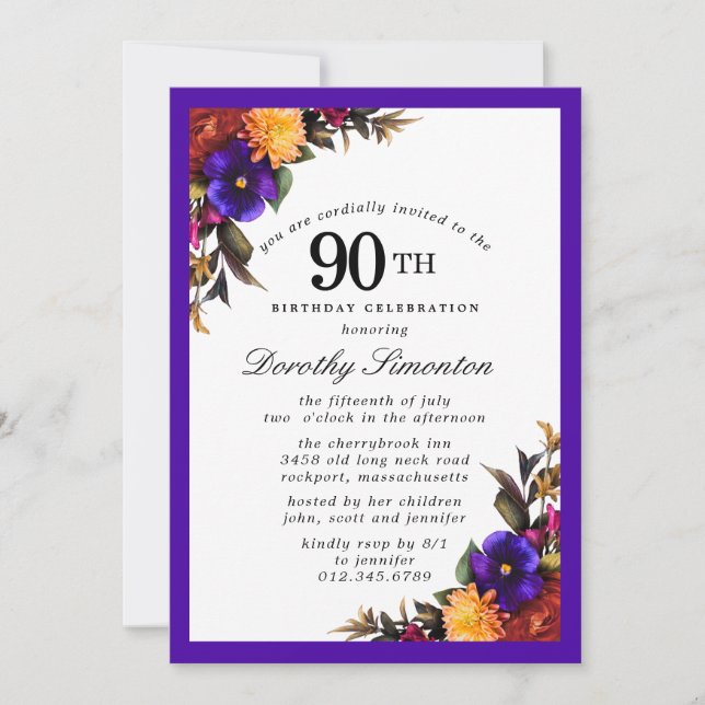 Purple Burgundy Yellow Floral 90th Birthday Party Invitation (Front)