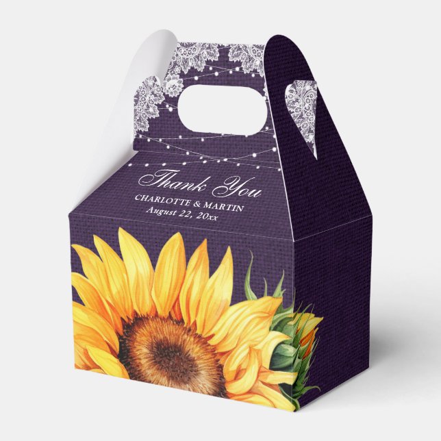 Purple Burlap Lace String Lights Sunflower Wedding Favour Box (Front Side)