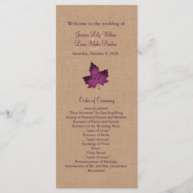 Purple Burlap Monogrammed Wedding Program Programme (Front)