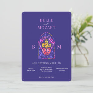 Purple burning heart stained glass art wedding  invitation