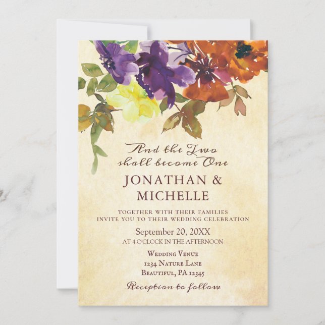 Purple Burnt Orange Floral Christian Wedding Invitation (Front)