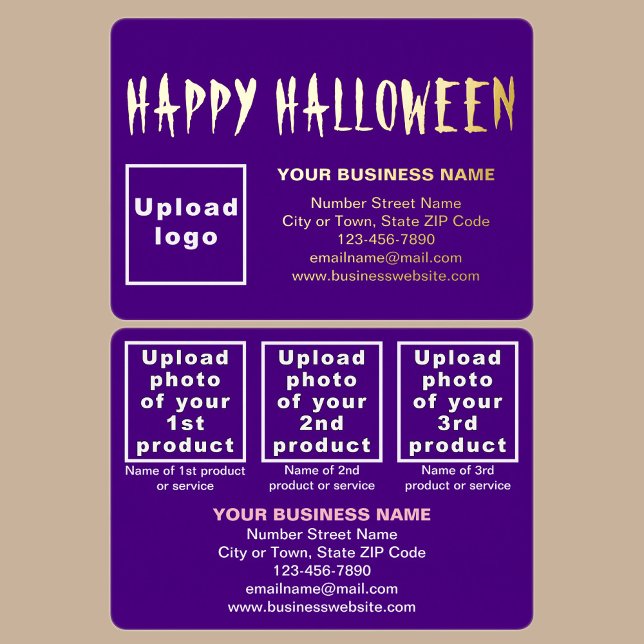 Purple Business Brand on Halloween Rectangle (Purple business brand with products or services on Halloween rectangle foil holiday card.)