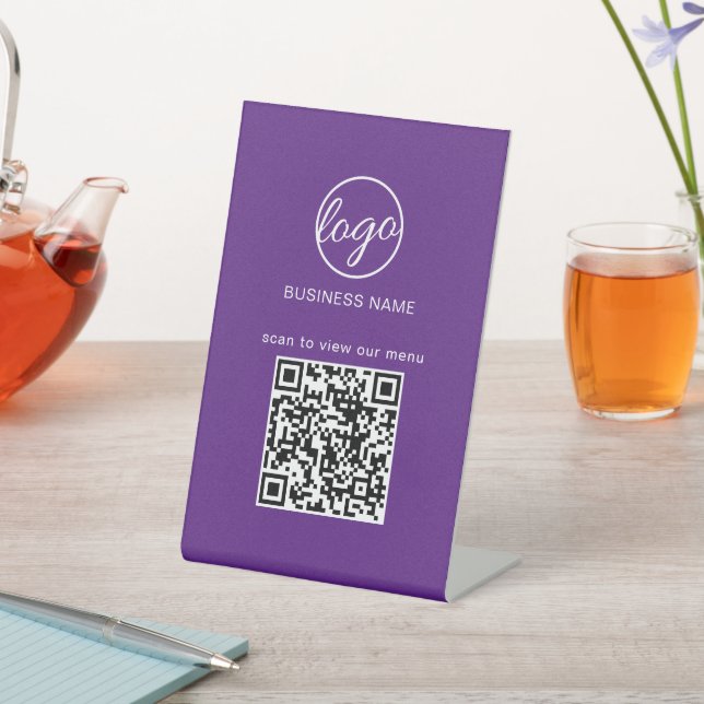 Purple Business Logo QR Code Restaurant Menu Pedestal Sign (In SItu)