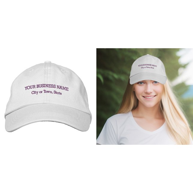 Purple Business Text Embroidered on Cap (Business name and location embroidered on cap in purple thread)