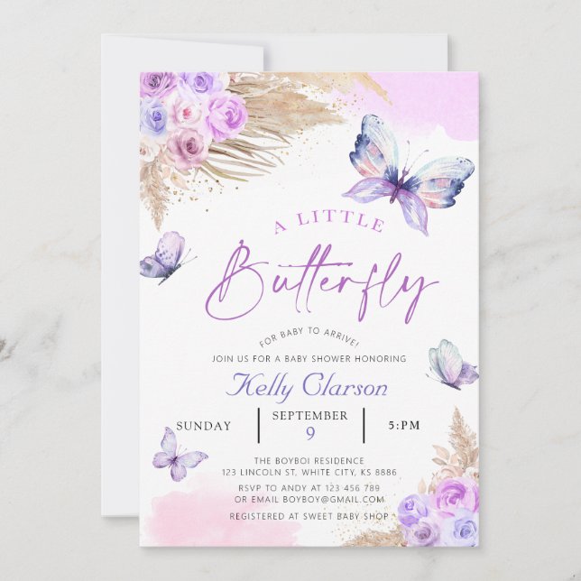 Purple Butterflies A Little Butterfly Baby Shower Invitation (Front)