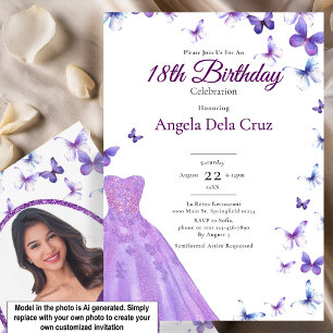 Purple Butterflies And Dress 18th Birthday Debut Invitation