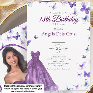 Purple Butterflies And Dress 18th Birthday Debut Invitation