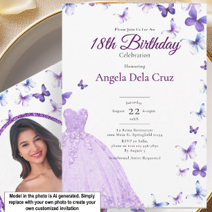 Purple Butterflies And Dress 18th Birthday Debut Invitation