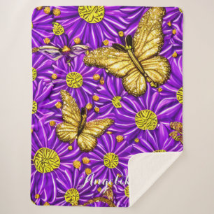 Purple Butterflies and Flowers Personalised Name Sherpa Blanket