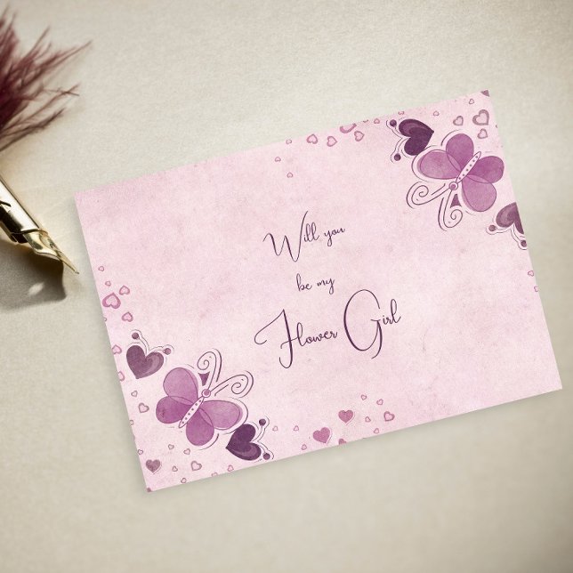 Purple Butterflies and Hearts Flower Girl Announcement Postcard (Creator Uploaded)