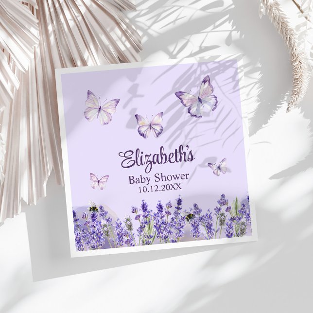 Purple Butterflies and Lavenders Baby Shower  Napkin (Purple Butterflies and Lavenders Baby Shower Napkins on a white sunny table.)