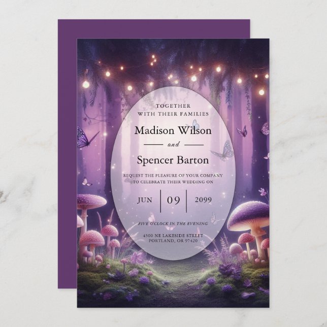 Purple Butterflies and Starlit Skies Wedding Invitation (Front/Back)