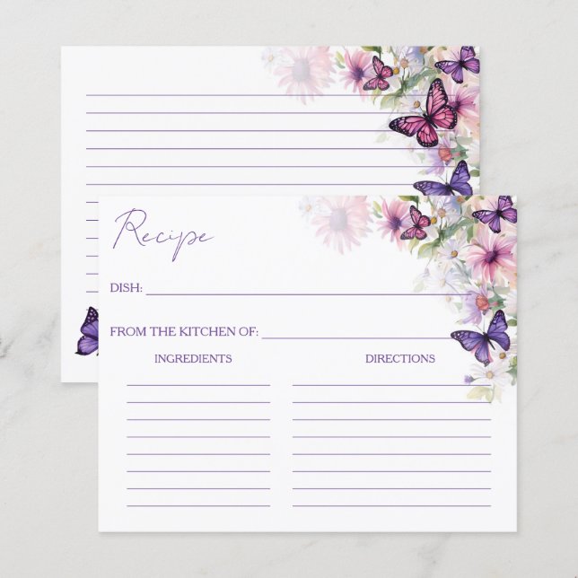 Purple butterflies bridal shower recipe cards (Front/Back)