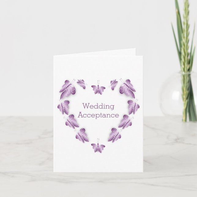 Purple Butterflies Design Wedding Acceptance Thank You Card (Front)