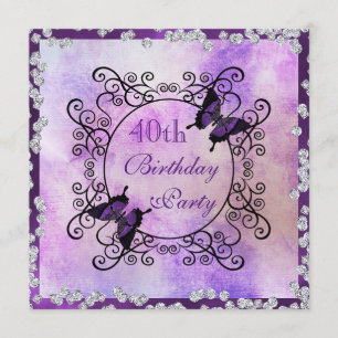 Purple Butterflies & Diamonds 40th Birthday Invitation