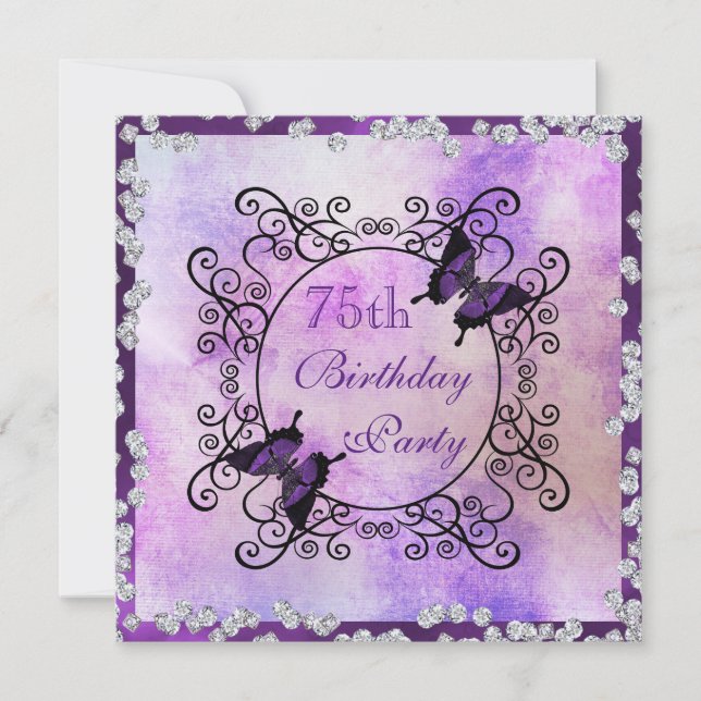 Purple Butterflies & Diamonds 75th Birthday Invitation (Front)