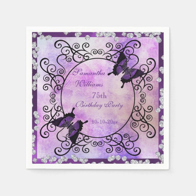 Purple Butterflies & Diamonds 75th Birthday Napkin (Front)