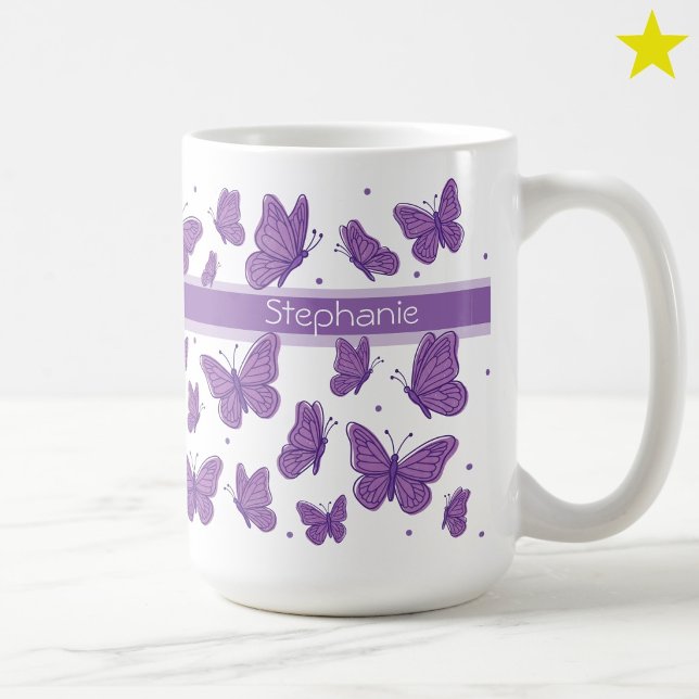 Purple Butterflies & Dots Custom Name Monogram Coffee Mug (Creator Uploaded)