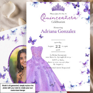 Purple Butterflies Dress Photo 15 XV Quinceanera Invitation