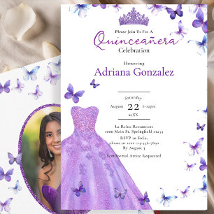 Purple Butterflies Dress Photo 15 XV Quinceanera Invitation