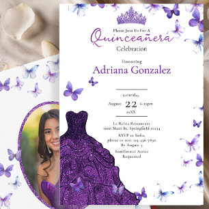 Purple Butterflies Dress Photo 15 XV Quinceanera Invitation