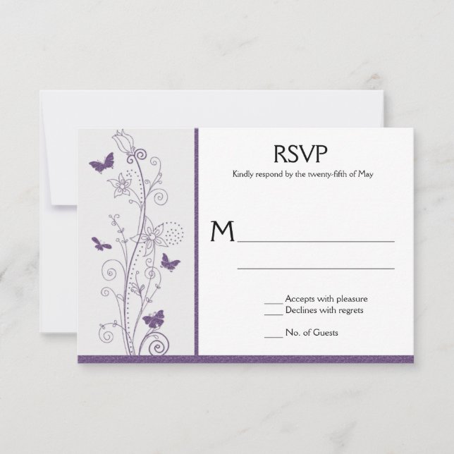 Purple Butterflies Flowers Swirls on Grey RSVP (Front)