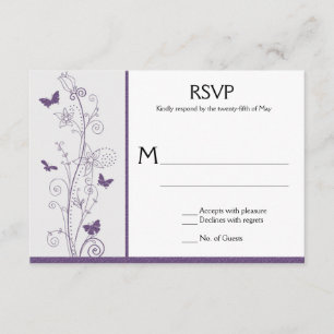 Purple Butterflies Flowers Swirls on Grey RSVP Card