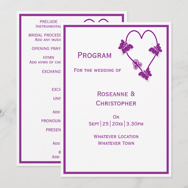 Purple Butterflies Heart Design Wedding Programme (Front/Back)