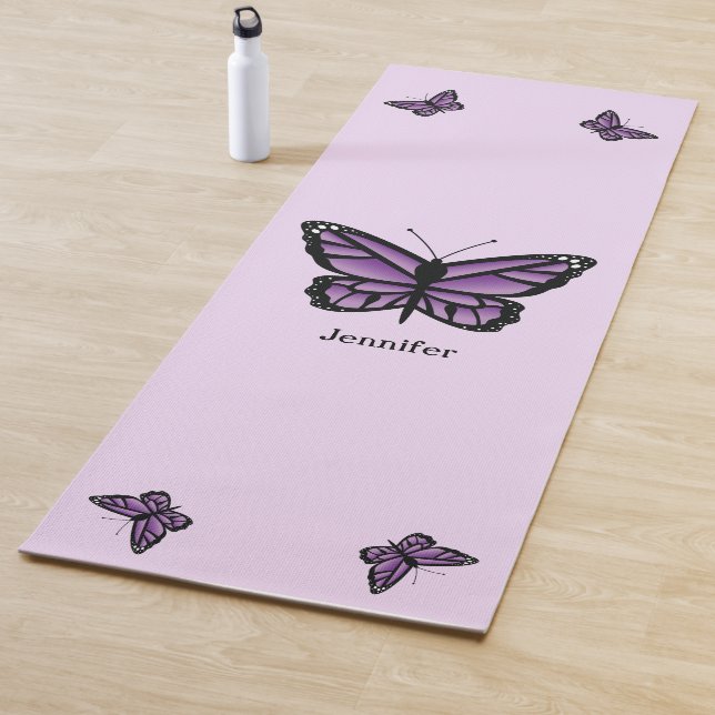 Purple Butterflies Illustration With Custom Name Yoga Mat (In Situ)