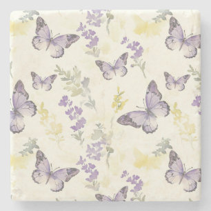 Purple Butterflies Lavender Floral Stone Coaster