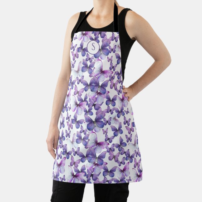 Purple Butterflies Modern Elegant Custom Monogram Apron (Insitu)