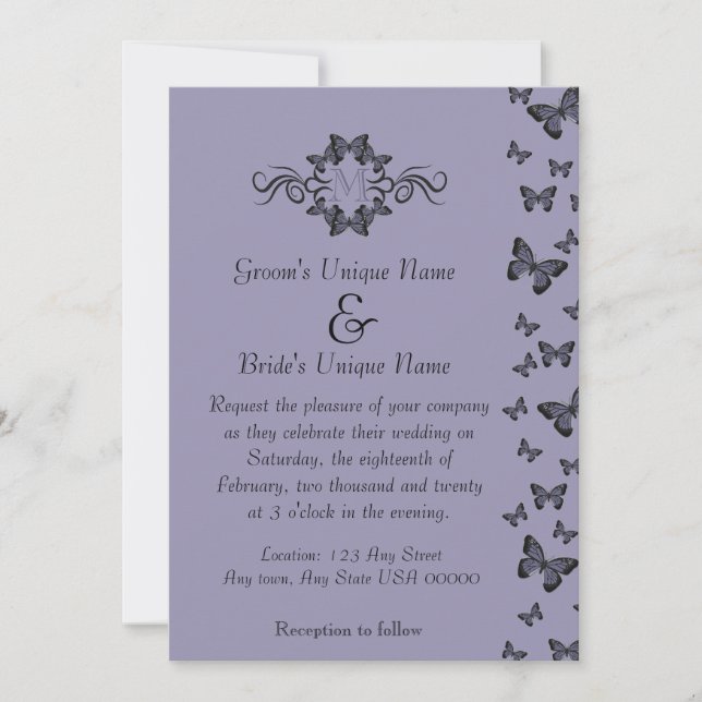 Purple Butterflies Monogram Wedding Invitation (Front)