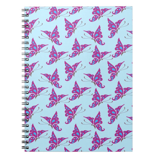 Purple Butterflies on Light Blue, Butterfly Print Notebook (Front)
