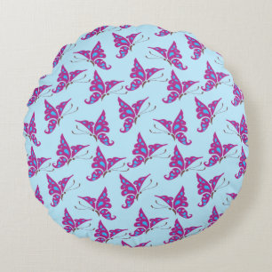 Purple Butterflies on Light Blue, Butterfly Print Round Cushion